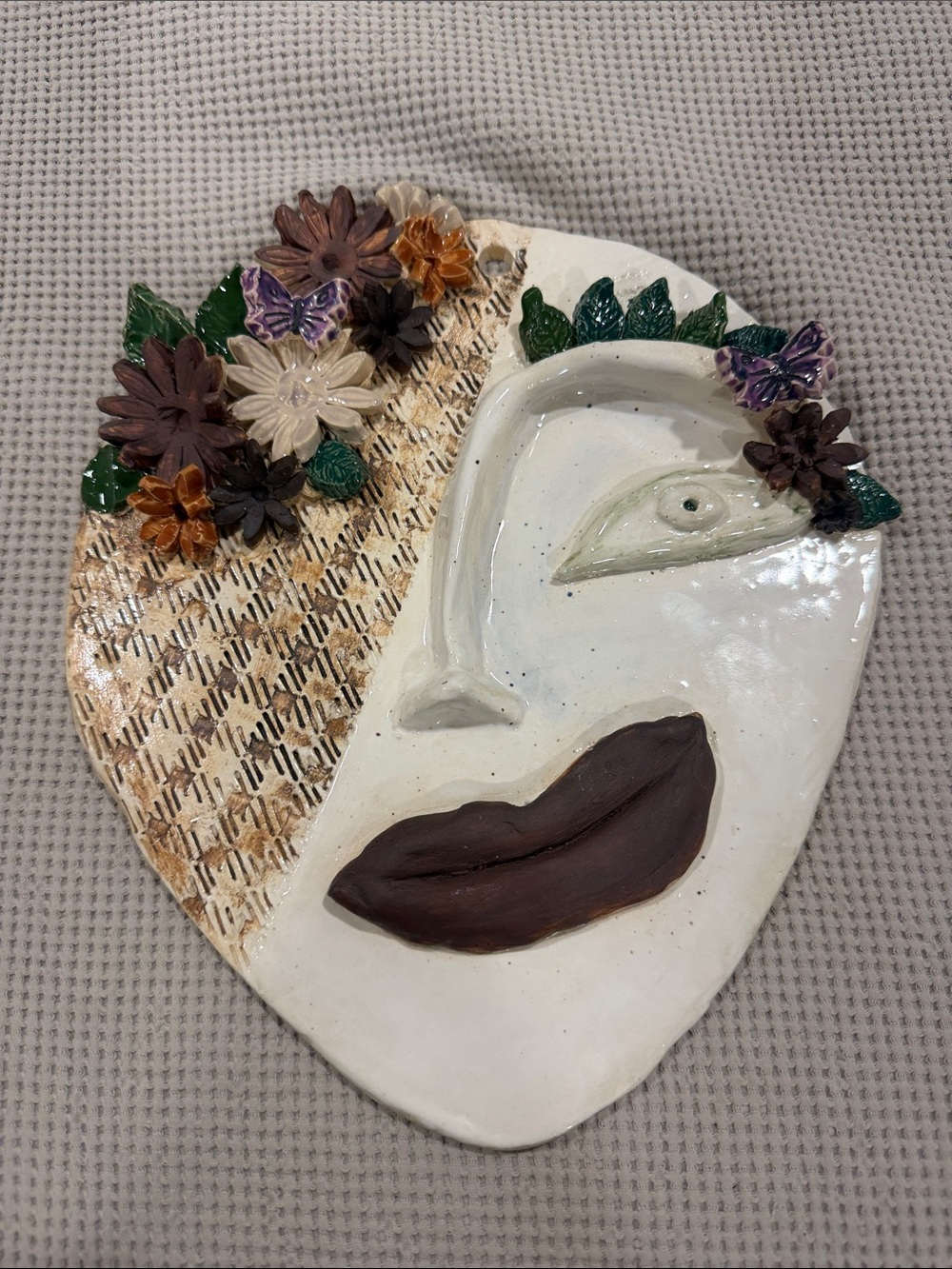Handmade Ceramic Floral Face Wall Art - White & Brown
